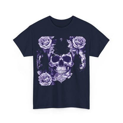 Skulls and Roses Cotton Tee in navy blue featuring a bold graphic design of a skull entwined with roses, perfect for making a striking fashion statement.