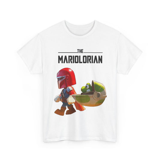 The Mariolorian Funny Graphic Unisex T Shirt featuring a playful design highlighting a red-helmeted figure and a whimsical green object, perfect for fashion-forward individuals.