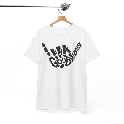 Luxury men's t-shirt in white showcasing a bold skeletal hand gesture with the text 'GOOD VIBES' in an avant-garde design.