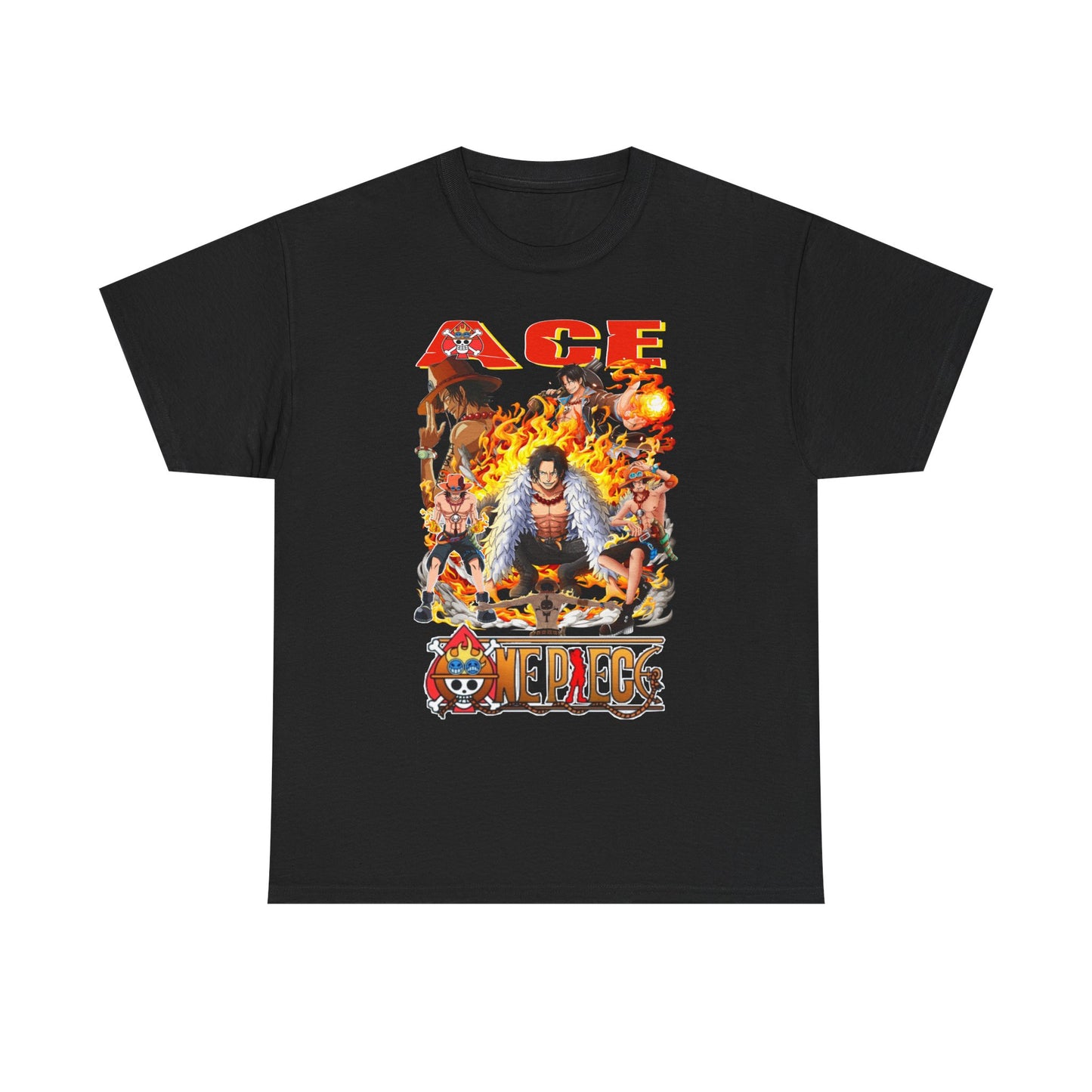 Elegant men's t-shirt in black showcasing a stunning Ace graphic from One Piece, surrounded by flames and iconic characters, embodying trendy anime fashion.