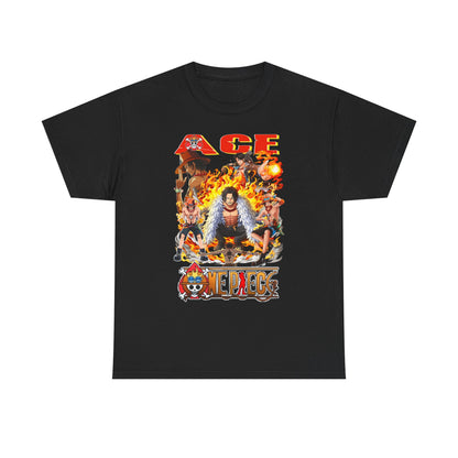 Elegant men's t-shirt in black showcasing a stunning Ace graphic from One Piece, surrounded by flames and iconic characters, embodying trendy anime fashion.