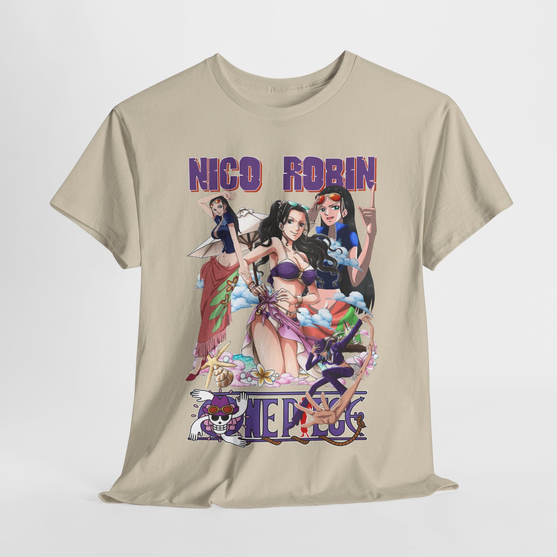 Elegant T-shirt showcasing a stunning anime-inspired print of Nico Robin and friends against a sophisticated neutral backdrop.