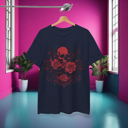 Front view of the Skulls and Roses Cotton Tee with a striking red skull and rose design, perfect for showcasing edgy style and alternative fashion.