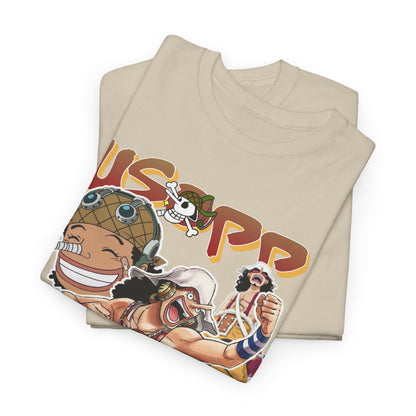 Stylish folded Usopp t-shirt showcasing a dynamic design, perfect for anime enthusiasts looking for a fashionable wardrobe piece.