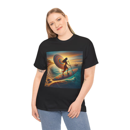 Artistic portrayal of serene water reflecting nature's beauty on Delightfull Paddle Board T-Shirt from Dazzling Dreams Studio.