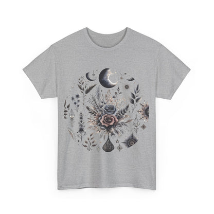 Pure Symphony Floral Graphic Tee in grey with exquisite floral graphic art, perfect for chic spring and summer styling.