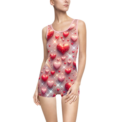Elegant Women's Vintage Glittering Hearts Swimsuit by Dazzling Dreams Studio, featuring a pastel pink abstract design and glamorous glittering hearts, perfect for stylish beach outings.