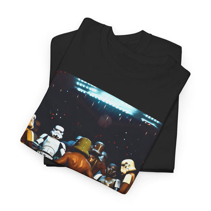 Luxurious black t-shirt featuring a vibrant Stormtrooper design, showcasing an iconic Star Wars theme with dynamic poses.
