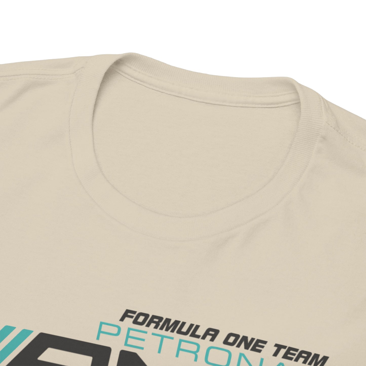 Close-up shot of the collar of the luxury F1 Mercedes AMG Petronas T-Shirt, showcasing the premium fabric and exquisite design detail.