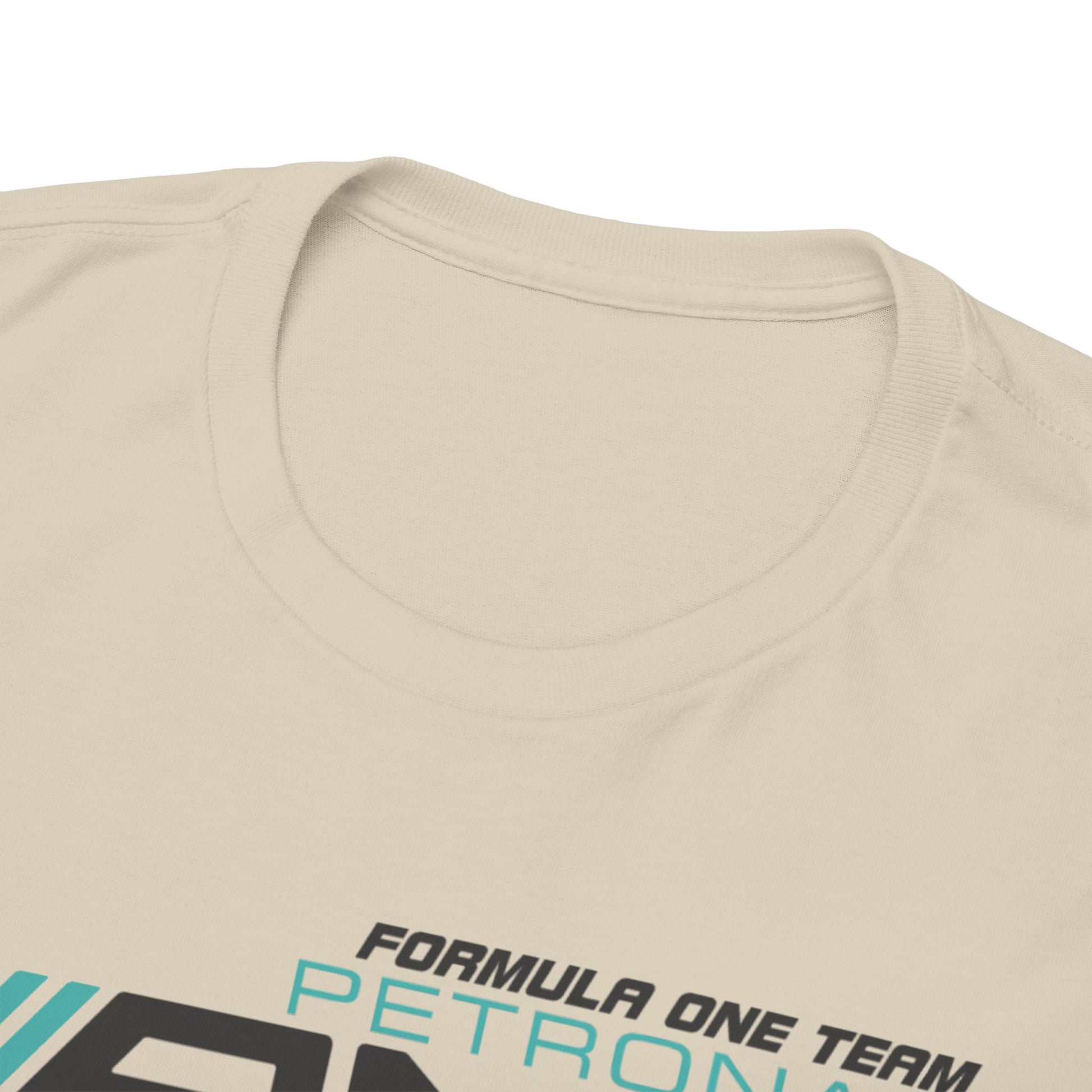 Close-up shot of the collar of the luxury F1 Mercedes AMG Petronas T-Shirt, showcasing the premium fabric and exquisite design detail.