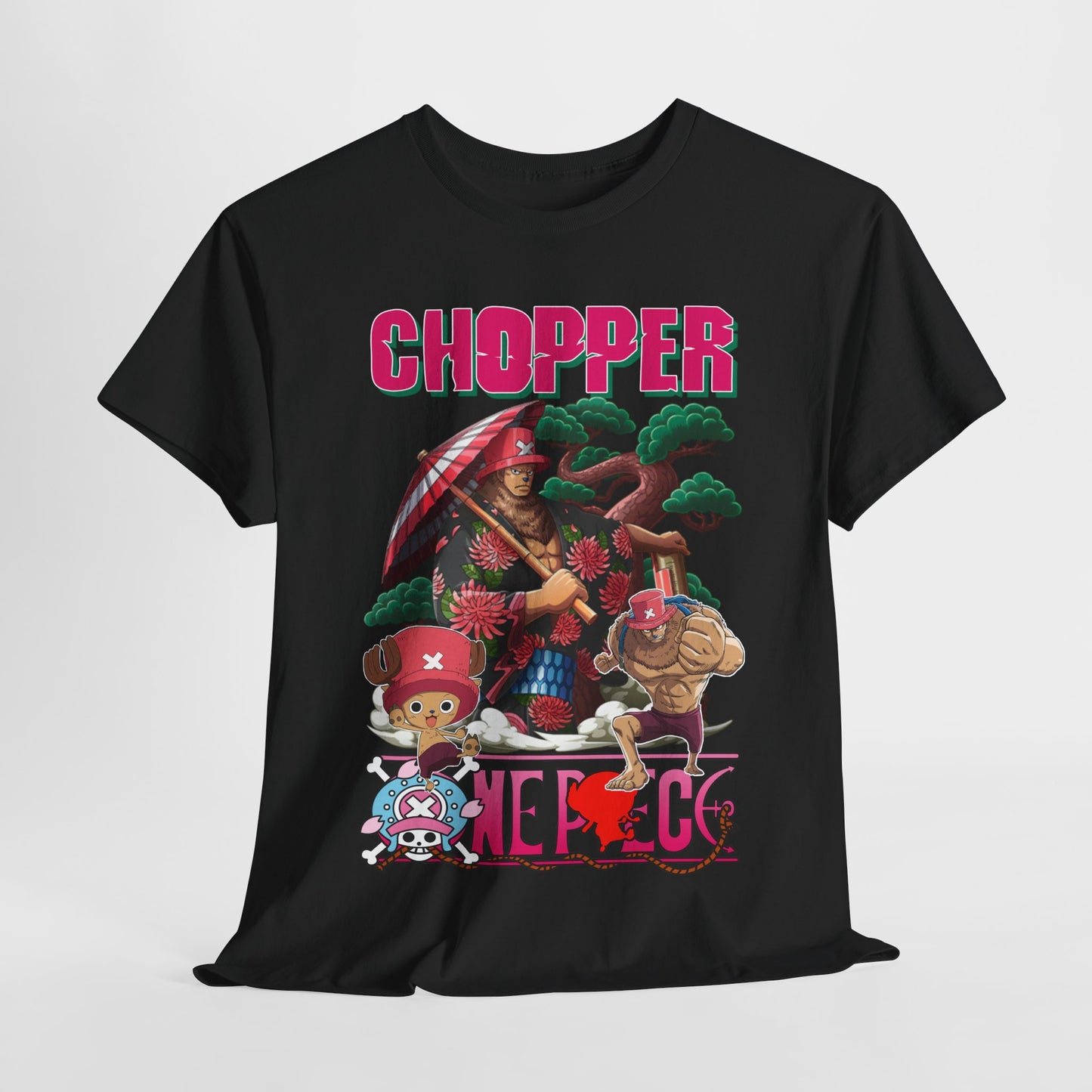 Luxurious men's graphic t-shirt featuring vibrant anime-inspired design with Chopper character, adorned with floral motifs and a traditional umbrella, showcasing premium style and comfort for devoted anime enthusiasts.