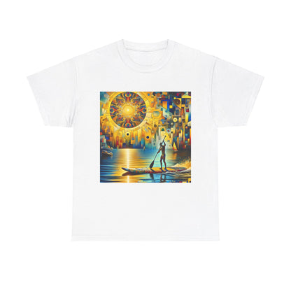 Elegant and luxurious paddle boarding graphic on a high-quality T-shirt for water enthusiasts by Dazzling Dreams Studio, showcasing nature's beauty and adventure.