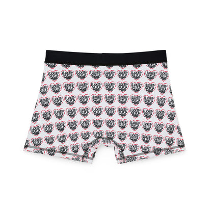 Valentine's Naughty Cheeky Men's Boxer Briefs featuring playful hearts and humorous text, perfect for birthdays and romantic occasions.