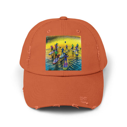 Elegant Unisex Distressed Paddleboarders Cap showcasing a fantasy scene, perfect for luxurious outdoor beach and river excursions.