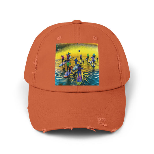 Elegant Unisex Distressed Paddleboarders Cap showcasing a fantasy scene, perfect for luxurious outdoor beach and river excursions.