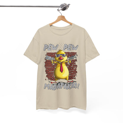 Artfully displayed luxury t-shirt on a hanger, highlighting a playful gangster chicken design against a rustic brick wall, a refined choice for stylish casual attire.