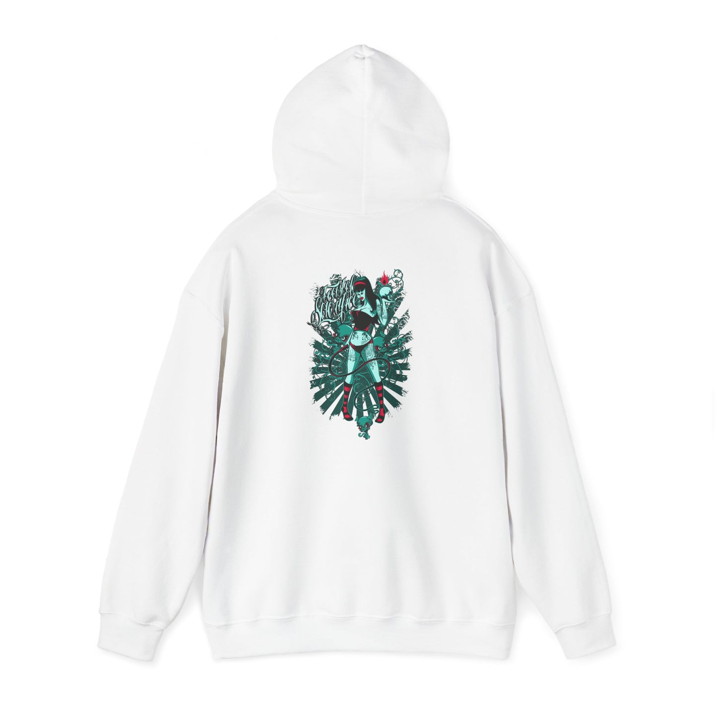 Artistic white hoodie with a striking back print of an intricate design featuring a confident woman intertwined with a snake, symbolising boldness and allure.
