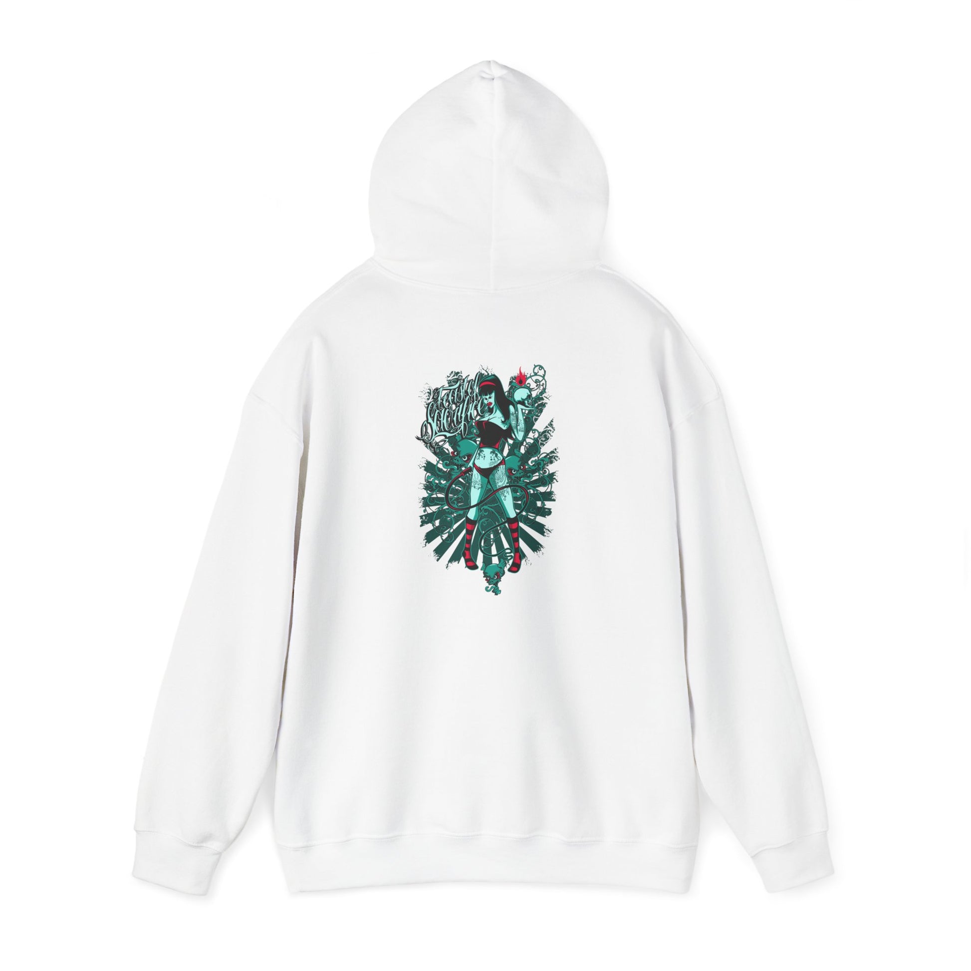 Artistic white hoodie with a striking back print of an intricate design featuring a confident woman intertwined with a snake, symbolising boldness and allure.