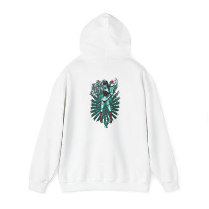 Artistic white hoodie with a striking back print of an intricate design featuring a confident woman intertwined with a snake, symbolising boldness and allure.