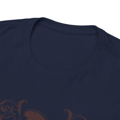 Close-up view of the neckline of a Men's Zombie Graphic T-Shirt. The premium navy fabric displays a sophisticated brown zombie graphic complemented by elaborate baroque swirls, highlighting meticulous craftsmanship.