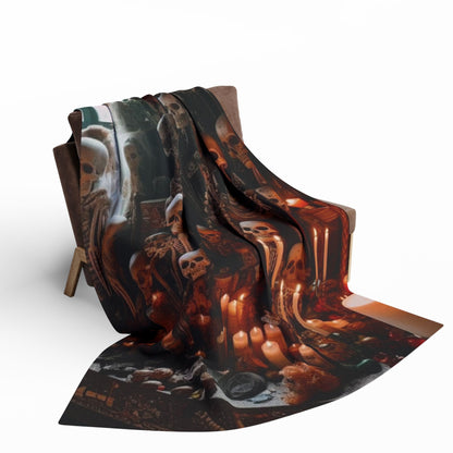 Exquisite Decorative and Warm Halloween Spooky Arctic Fleece Blanket draped on a stylish chair, featuring intricate skull motifs and candle arrangements, ideal for a sophisticated Halloween ambiance.