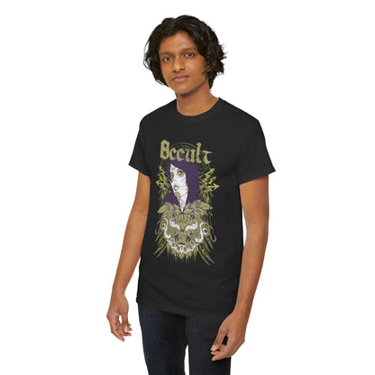 Elegant portrait of a man in a luxurious graphic t-shirt with a detailed occult design, highlighting unique artistry and a captivating aesthetic.