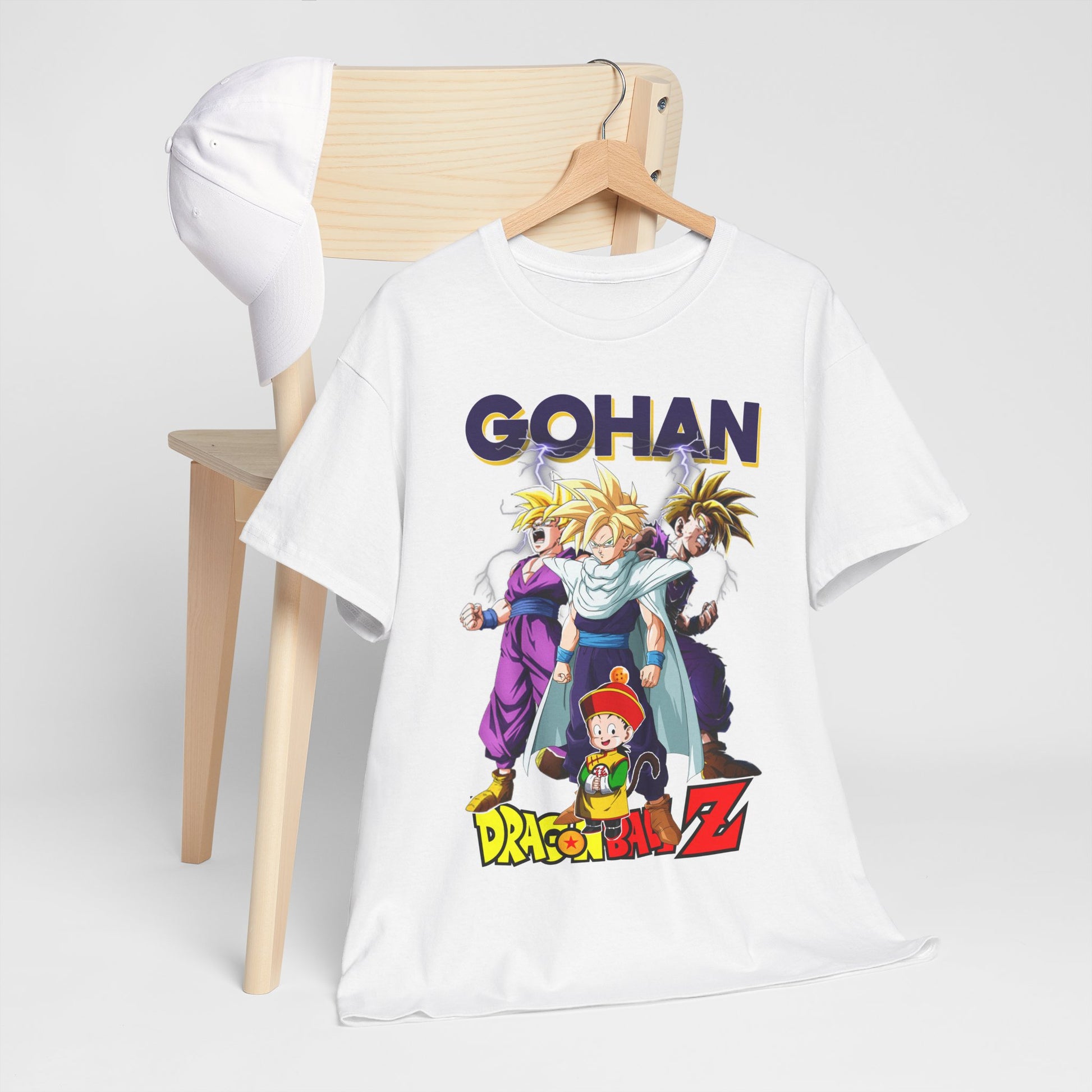 Premium Dragon Ball Z Gohan Ascends T-Shirt styled with vivid graphics and a chic display on a casual setting, ideal for fashionable anime fans.