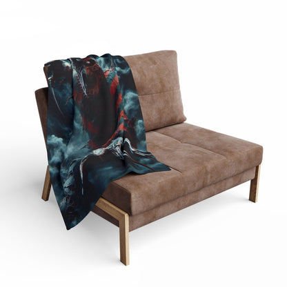Chic Halloween Freddy Krueger Nightmare On Elm Street Arctic Fleece Blanket draped over a plush sofa, showcasing its elegant design and adding a touch of horror-inspired luxury to your home.