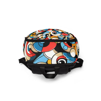 Luxury Modern Abstract Art Backpack by Dazzling Dreams Studio featuring a vibrant cartoon character design, perfect for expressing individuality with a unique style.