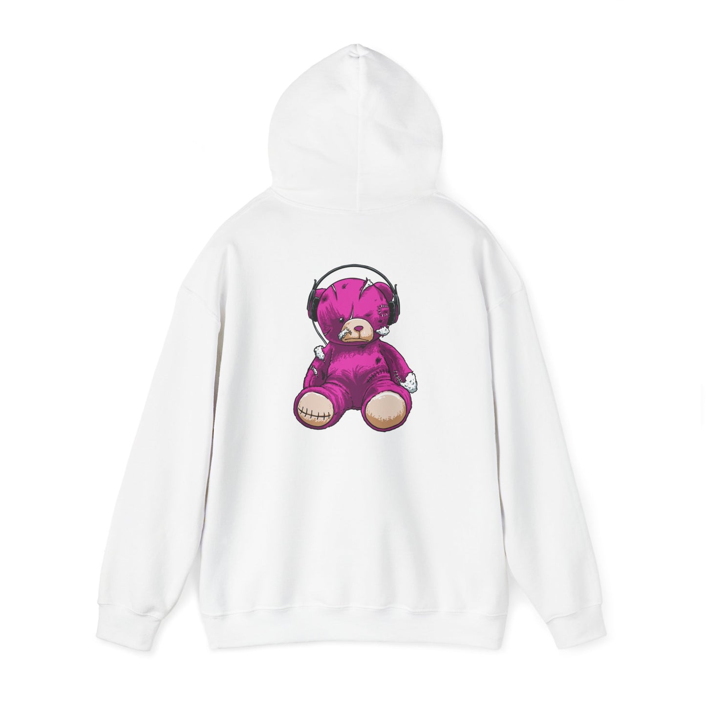Artistic white hoodie featuring a striking distressed purple teddy bear graphic design, perfect for fashion-forward individuals.