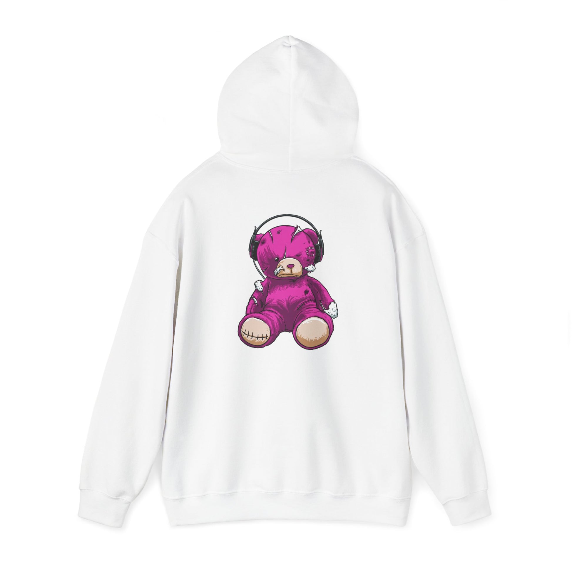 Artistic white hoodie featuring a striking distressed purple teddy bear graphic design, perfect for fashion-forward individuals.
