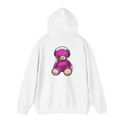Artistic white hoodie featuring a striking distressed purple teddy bear graphic design, perfect for fashion-forward individuals.