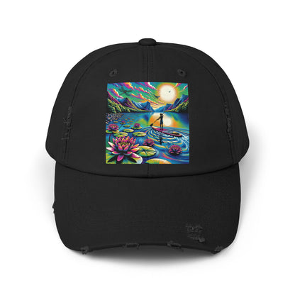 Unisex Distressed Paddleboarders Cap - An elegant black baseball hat featuring a vibrant paddleboarding scene, perfect for stylish water enthusiasts.