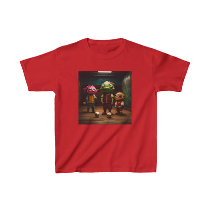 Kids Cute Aliens Heavy Cotton T-Shirt in red, designed with playful alien graphics, a chic choice for little adventurers.