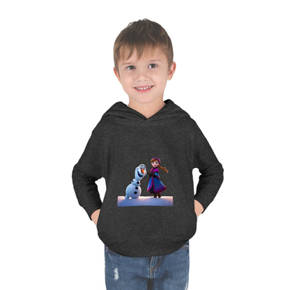 Charming young boy in a dark grey Girls Olaf Frozen Hoodie, adorned with Olaf and Anna, perfect for kids aged 2-5 years.