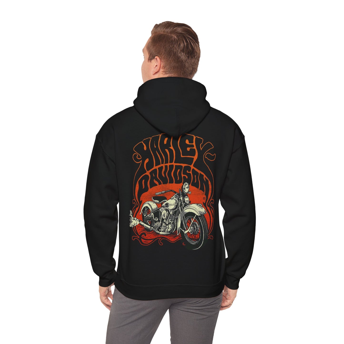 Refined black hoodie with a vivid Harley Davidson motorcycle graphic on the back, combining bold aesthetics and comfort.