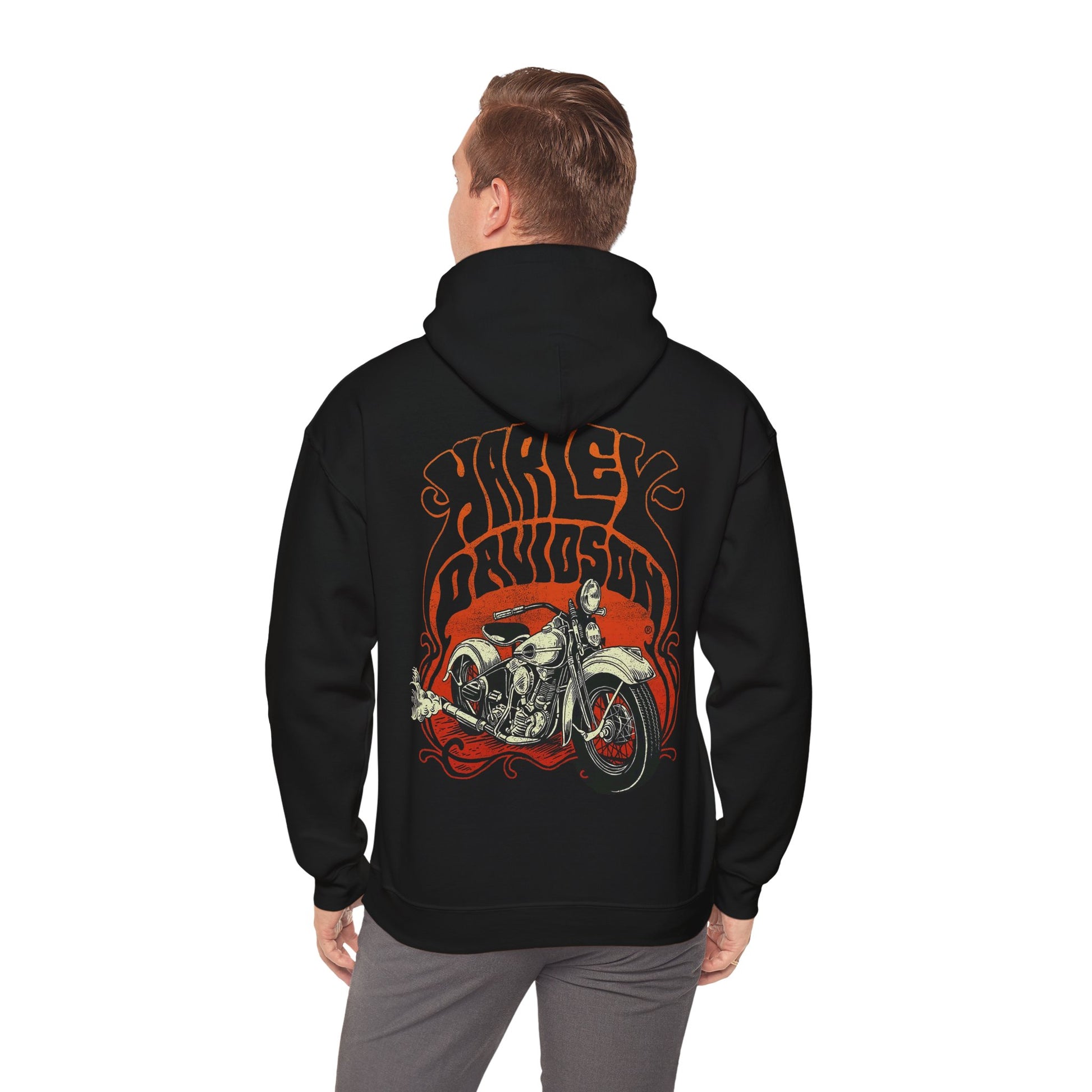 Refined black hoodie with a vivid Harley Davidson motorcycle graphic on the back, combining bold aesthetics and comfort.