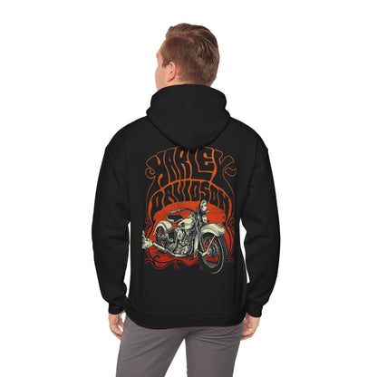 Refined black hoodie with a vivid Harley Davidson motorcycle graphic on the back, combining bold aesthetics and comfort.