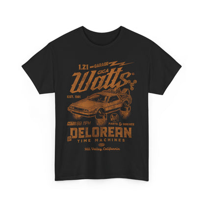 Close-up of the Delorean Back to the Future graphic t-shirt displaying the iconic graphic design, perfect for fans of nostalgic cinema.