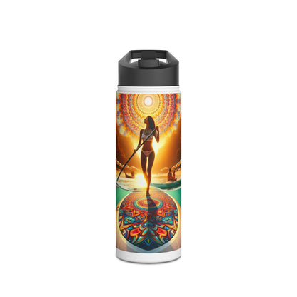 Fantasy Paddleboarding Stainless Steel Water Bottle showcasing a stunning sunset scene with a paddleboarding woman, perfect for luxury hydration on outdoor adventures.