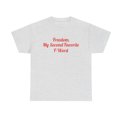 Chic Grey Urban Unisex Cotton T-Shirt adorned with a striking red print of 'My Second Favorite F Word', ideal for fashion-forward individuals.