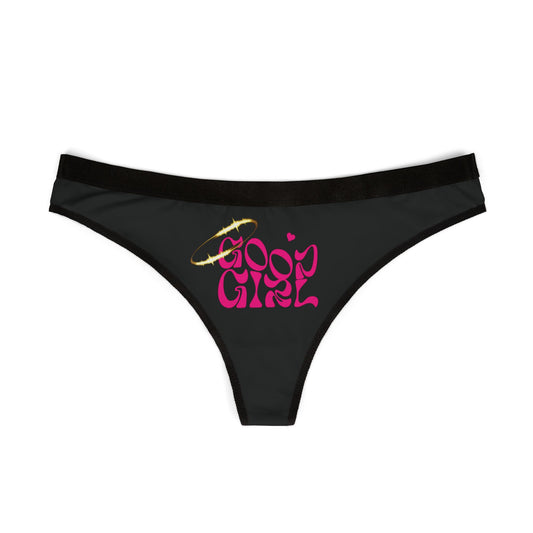 Luxurious black thong underwear designed for women, adorned with the whimsical 'Good Girl' emblem in striking pink, perfect for confident femininity.