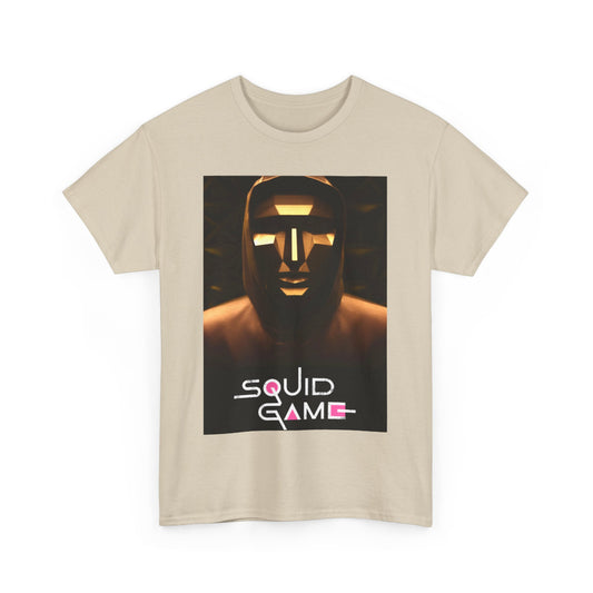 Stylish Squid Game unisex graphic cotton tee, showcasing an artistic representation of the enigmatic figure, ideal for fans of unique urban fashion.