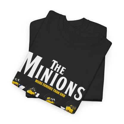 A stylish Minion's Abbey Road Mashup Unisex T Shirt, featuring a fun design with the text 'THE MINIONS' and the phrase 'MORE FAMOUS THAN GRU'; perfect for making a statement with a dash of humour. Ideal for fans of funny tees and the beloved Minions.