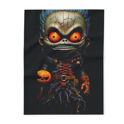 Decorative and Warm Halloween Spooky Arctic Fleece Blanket featuring a sinister character with striking orange eyes and a spooky jack-o'-lantern, perfect for adding a luxurious touch to your Halloween decor.