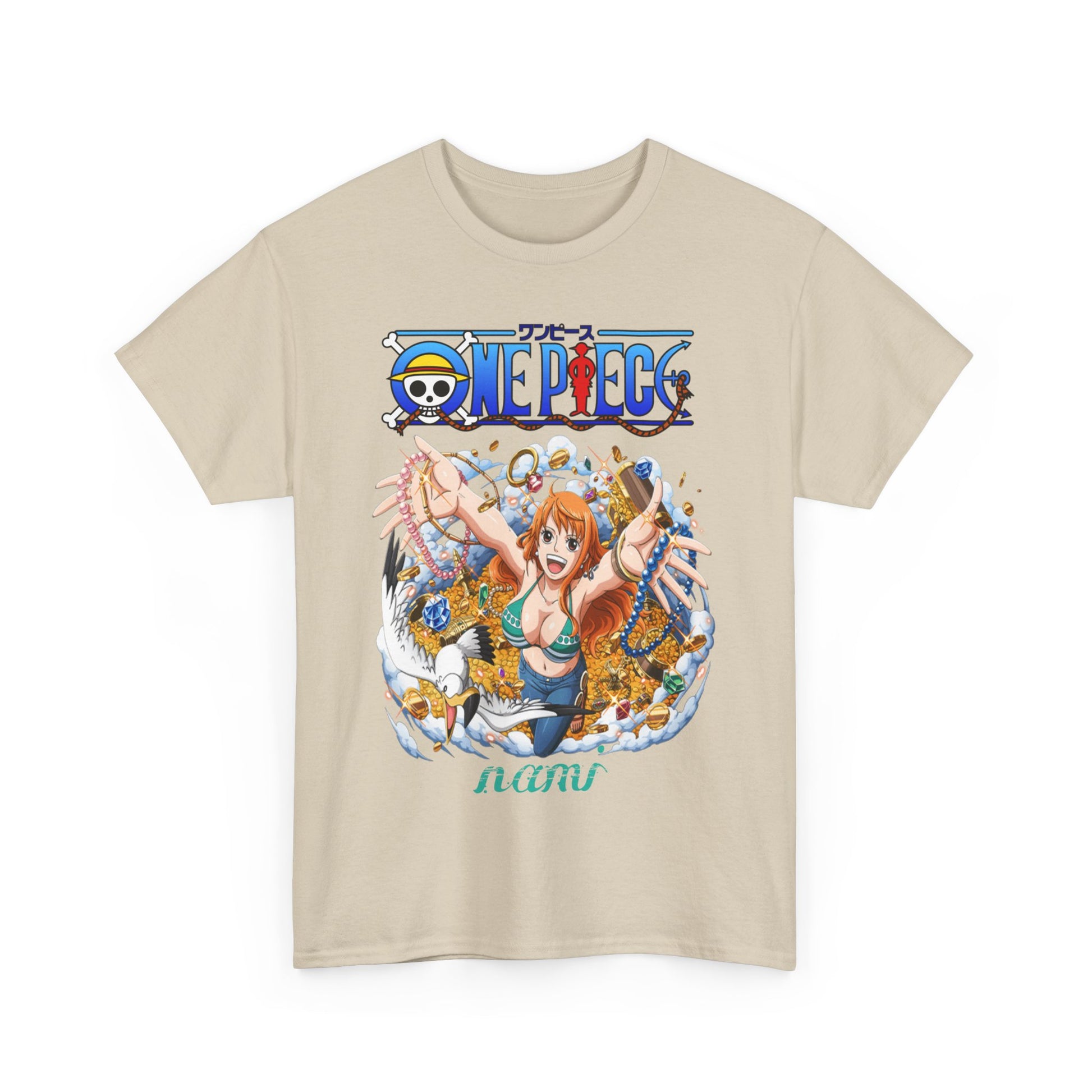 An elegantly designed beige T-shirt featuring a vibrant anime illustration of Nami from One Piece amidst treasure.