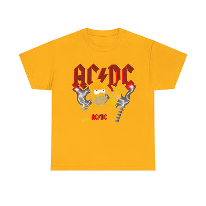 Homer Rock & Roll Unisex Cotton Tee Graphic T Shirt in vibrant yellow featuring Homer Simpson in a rebellious rock pose with AC/DC graphics and lightning bolt accents.