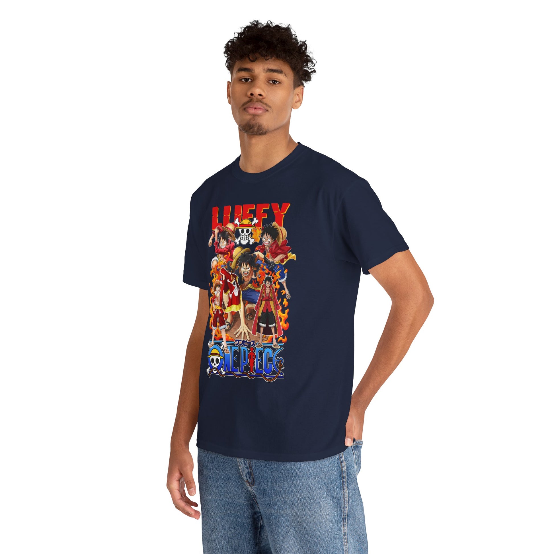 Stylish male model showcasing a vibrant men's anime t-shirt displaying captivating characters in striking colours, perfect for anime enthusiasts.