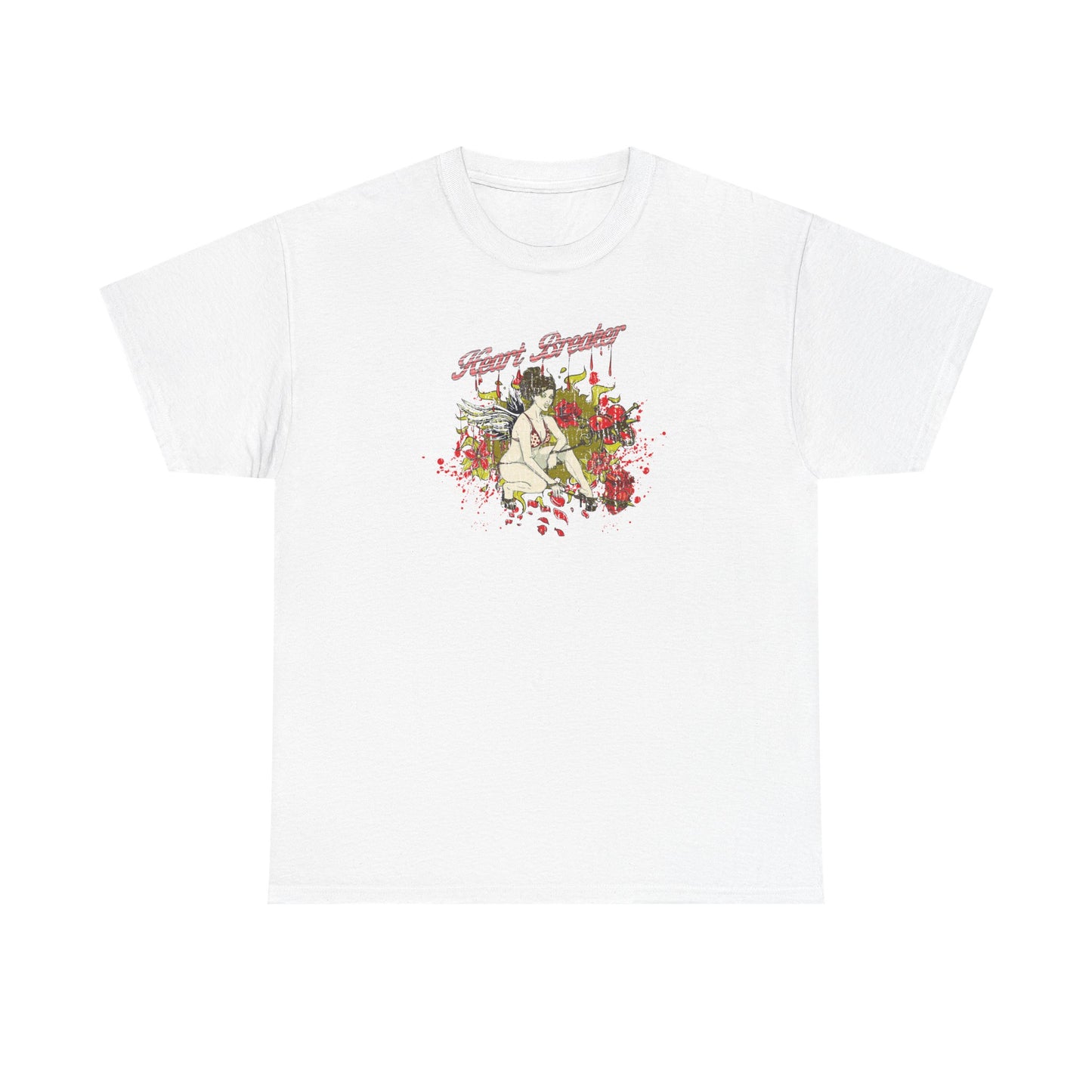 Elegant white graphic t-shirt featuring a captivating fantasy pin-up design with roses and a heartbreaker theme, perfect for a striking and luxurious style statement.
