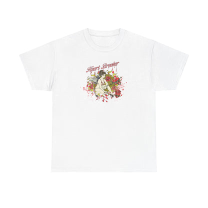 Luxurious white men's graphic t-shirt featuring a captivating pin-up design with roses and hearts, showcasing an enchanting blend of elegance and fantasy.